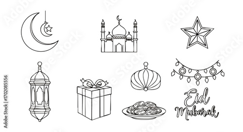 A set of hand-drawn black and white line art icons for the Islamic holidays of Ramadan and Eid Mubarak.