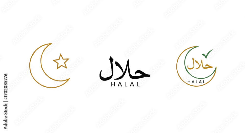 Naklejka premium A set of three Halal certification logos and Islamic symbols, featuring Arabic calligraphy, a crescent moon, and a star.