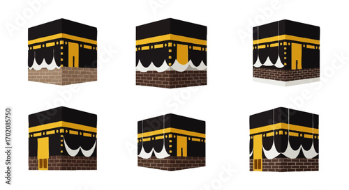 A set of six isometric vector illustrations of the Holy Kaaba in Mecca, adorned with black Kiswah and gold details.