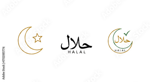 A set of three Halal certification logos and Islamic symbols, featuring Arabic calligraphy, a crescent moon, and a star.