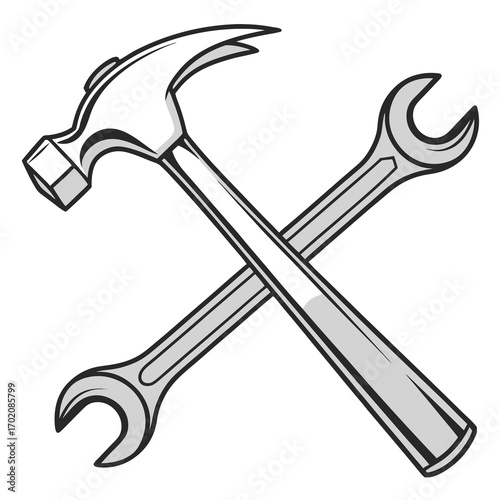 Hammer and wrench crossed, a symbol of repairs, construction, DIY projects, and skilled craftsmanship, originally created as a scalable graphic