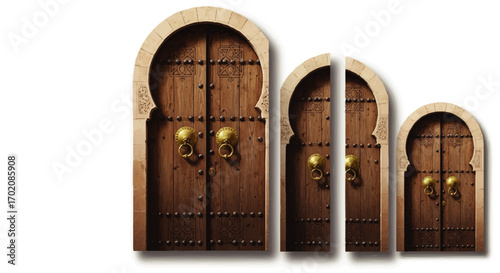 A set of three ornate, arched Moroccan wooden doors with brass lion head knockers.