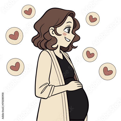 Expecting mother glowing with love and joy, a beautiful cartoon illustration celebrating pregnancy and maternal bliss, feeling loved