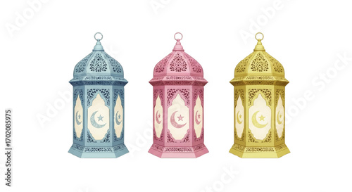 A set of three ornate pastel Ramadan lanterns with intricate filigree and crescent moon symbols.