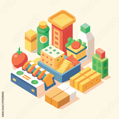 Isometric illustration of a diverse grocery selection