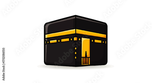A stylized cartoon illustration of the Kaaba, the sacred Islamic building in Mecca, with black and gold details.