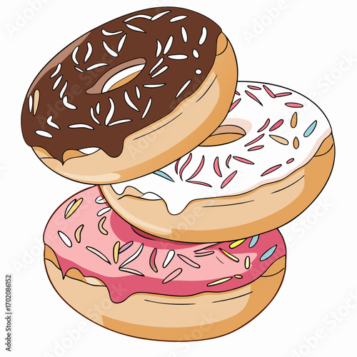 Stack of tempting chocolate, vanilla, and strawberry donuts with colorful sprinkles, perfect for sweet cravings and indulgent treats