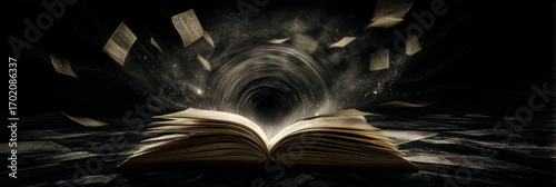 Open book with pages flying into a dark vortex