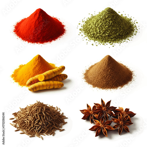 A vibrant assortment of aromatic whole and ground spices, including turmeric, chili, cumin, and star anise.