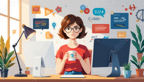 Young woman working at a desk with computers and creative icons