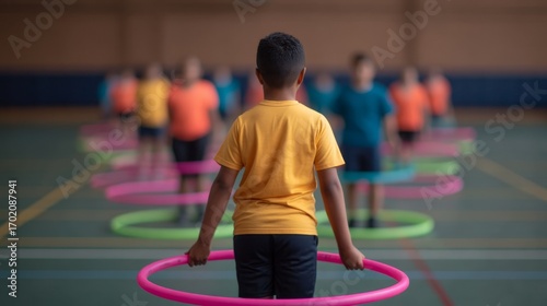 A child stands in a gym surrounded by peers, each holding a colorful hula hoop, engaged in a playful physical activity.