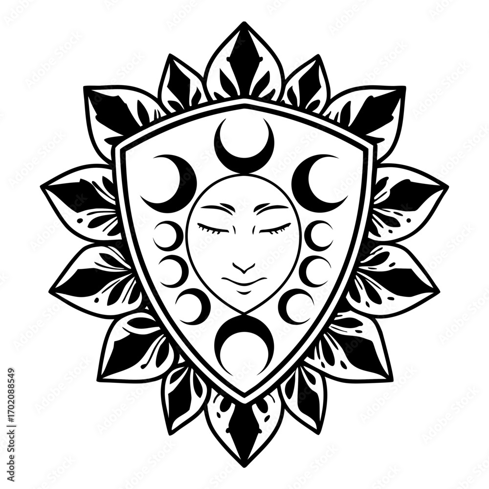 Obraz premium Face within floral shield of moons, serene expression, celestial phases, protective mandala design