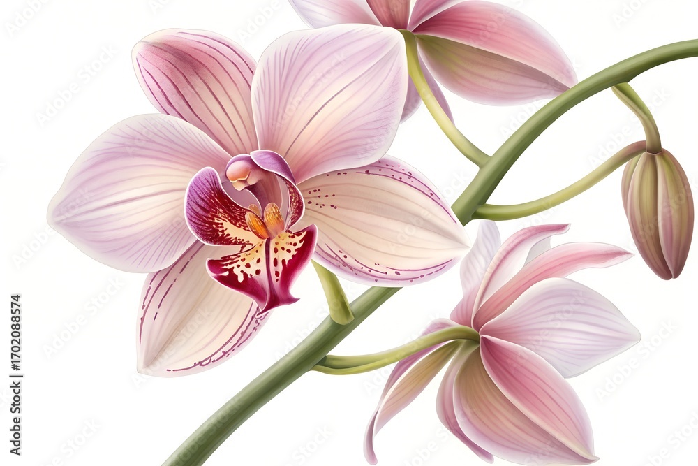 Fototapeta premium A single pink lily blossom with a white petal and a green leaf is blooming in a tropical garden in spring