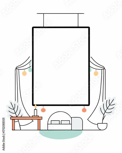 Large white poster frame hangs on wall of cozy bedroom with string lights and minimal decor