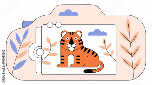 Cute tiger sits calmly on tree branch, surrounded by leaves and clouds in cartoon camera frame