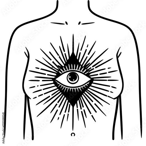 Mystical eye on feminine chest with radiant lines, symbolizing intuition and inner vision