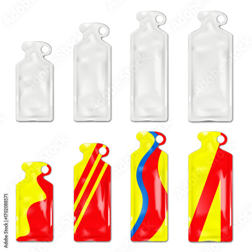 Bottle shaped sachet pouch with tear notches and hang hole. 3d mockup. Blank white and color design. Easy to edit. Hanging plastic bag package. Realistic vector mock-up. Template set