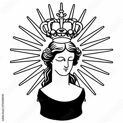 Feminine bust with crown and radiant rays symbolizing royalty, elegance, and divine femininity