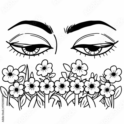 Female eyes gaze softly above blooming flowers in visionary and dreamy black and white line art style