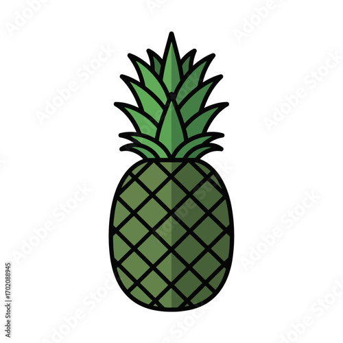 Simple green pineapple illustration with a spiky crown and textured body on a white background, depicting a tropical fruit.