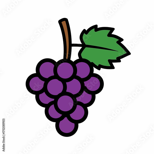 A simple cartoon illustration of a bunch of purple grapes with a green leaf and brown stem, isolated on a white background.