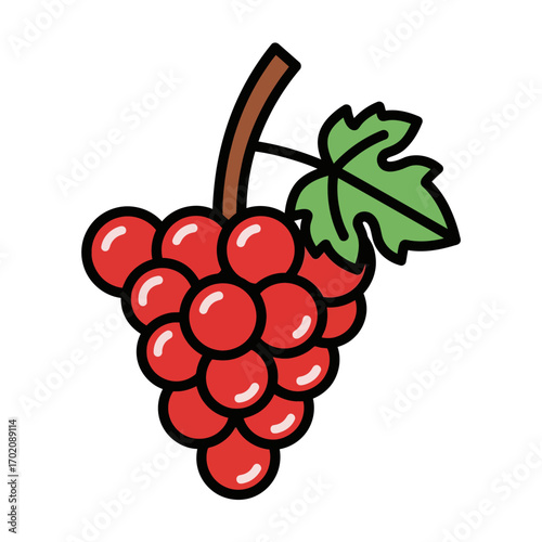 Red grapes bunch with stem and leaf, simple line art style illustration.