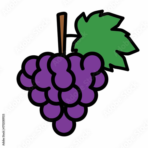 Illustration of a bunch of purple grapes with a green leaf.