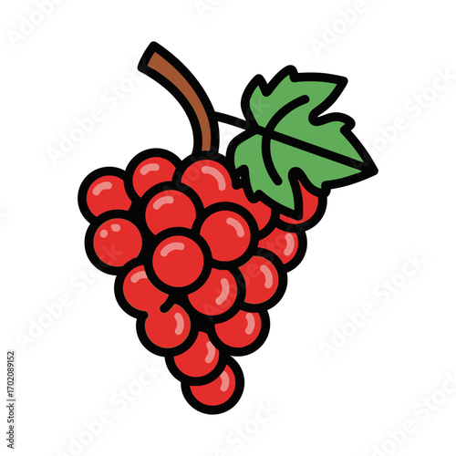 A simple cartoon illustration of a bunch of ripe red grapes with a green leaf and brown stem on a white background.