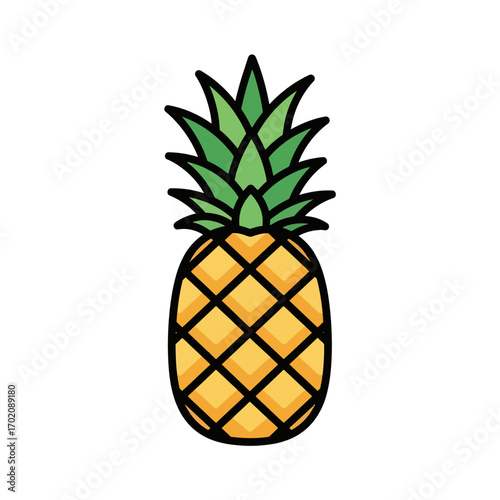 Simple cartoon illustration of a whole pineapple with green leaves and a yellow body on a white background.