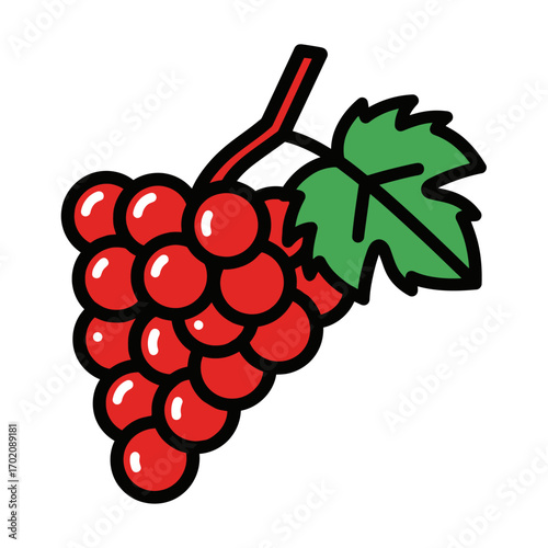 Illustration of a bunch of red grapes with a green leaf, perfect for food-related designs.