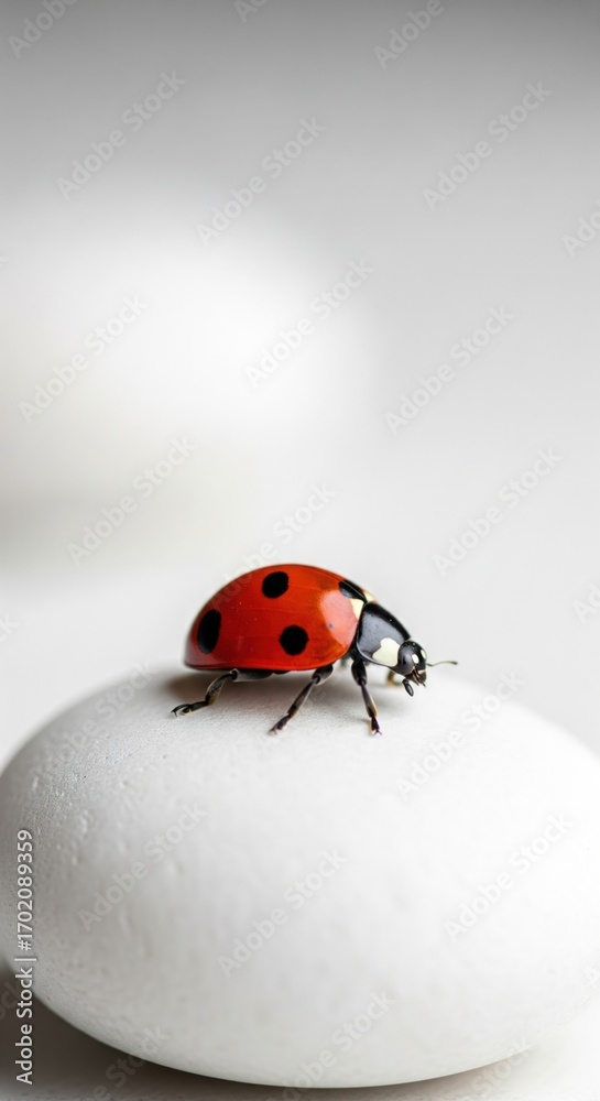 Fototapeta premium A vibrant ladybug with bright red shell adorned with black spots stands out vividly against a pristine white stone, creating a striking contrast in this close-up composition .