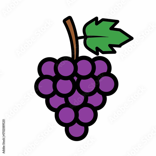 Illustration of a bunch of purple grapes with a brown stem and green leaf.
