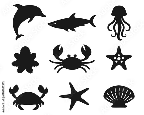 Vector set of sea animals icons – fish, dolphin, crab, starfish, octopus