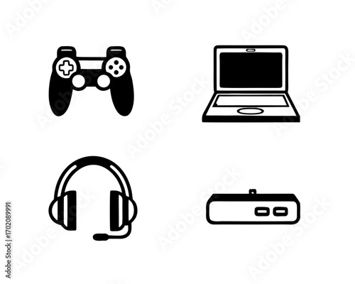 Vector set of gaming and technology icons – laptop, controller, headset, console