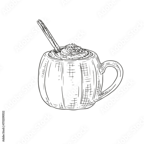 Pumpkin spice latte with cream and cinnamon stick, in a pumpkin shaped mug