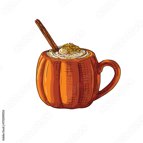 Pumpkin spice latte with cream and cinnamon stick, in a pumpkin shaped mug