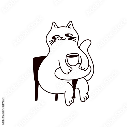 Vector logo design template and graphic element for advertising, branding, posters and banners, funny cartoon cat illustration with smiling character and mascot and coffee