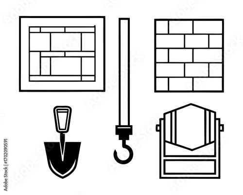 Construction tools vector icons set with brick wall, shovel, hook, and barrel