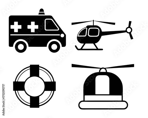 Emergency and rescue vector icons set with ambulance, helicopter, siren, and lifebuoy