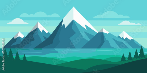 Serene Mountain Lake Landscape Flat Design Illustration