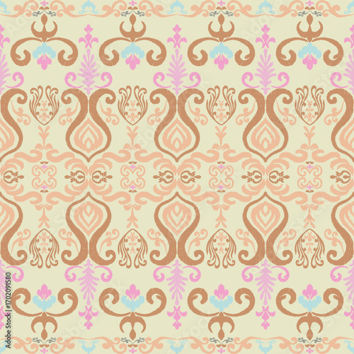 Ikat pattern for fabric design, background pattern. Vintage fabric pattern. Ikat pattern mixed with damask pattern, seamless.