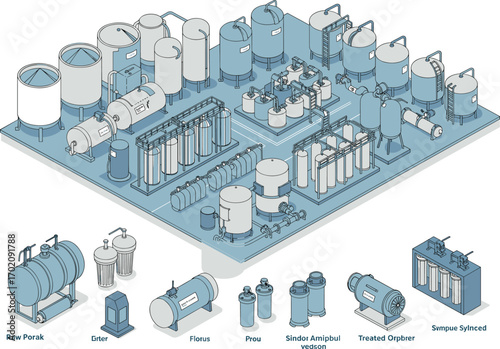 Industrial water inerting system, chemical processing plant, water treatment facility, storage tanks, filtration units, pipeline structure, engineering equipment layout