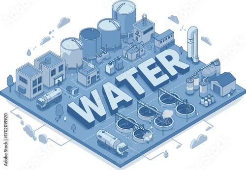 Water treatment plant illustration, industrial wastewater system, purification process, filtration tanks, clean water infrastructure, environmental engineering, urban water supply