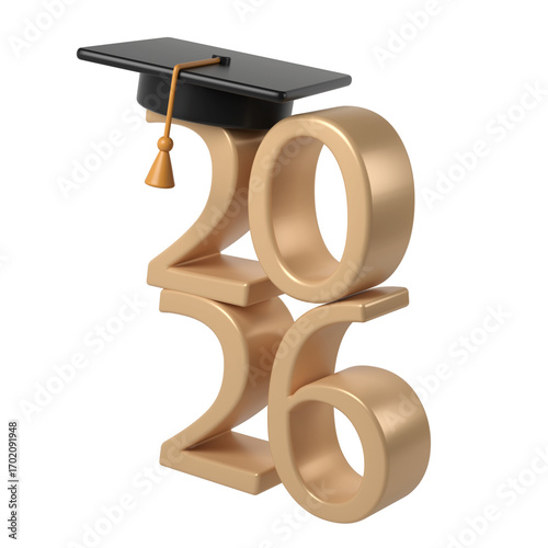 Academic achievement symbolized by graduation cap resting on golden 2026 numerals, representing against milestone scholarly transparent background
