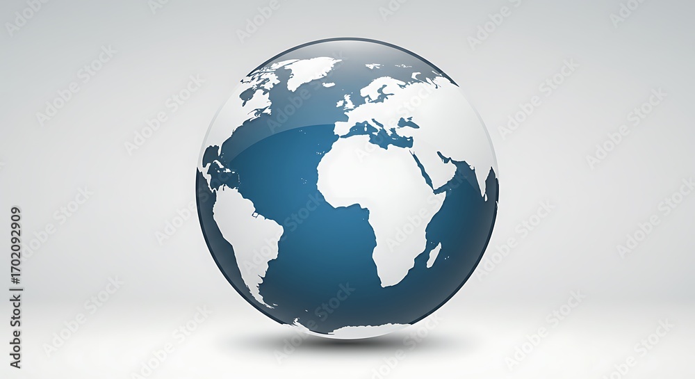 Obraz premium Glossy Blue and White Globe on Light Gray Background, World Map Illustration