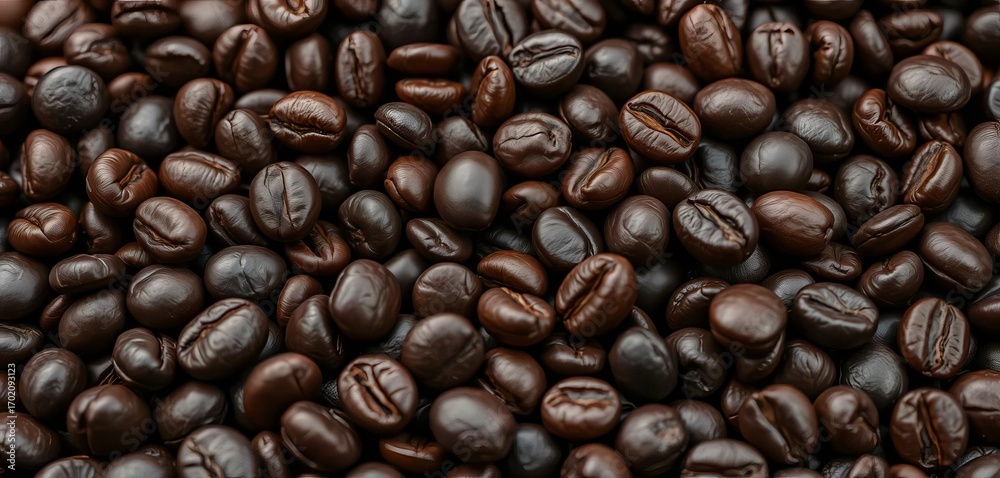 Obraz premium Close-up of dark, oily roasted coffee beans, showing rich texture and detail, harvest, product