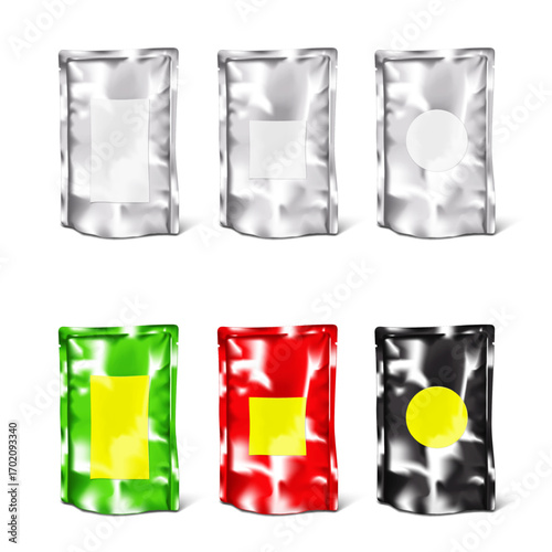 Foil stand-up pouch with blank paper label sticker. Silver, black, color design. Easy editable mockup. Bottom gusseted tear notch bag. Realistic vector mock-up. Standup food package. Template set