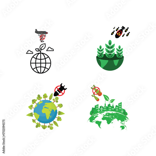 Environmental War Awareness Icons – Anti-War Graphics for Nature Protection and Sustainability