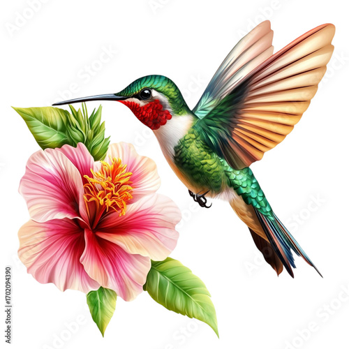 Vibrant hummingbird with iridescent green plumage hovers near a pink hibiscus flower showcasing nature's beauty and delicate balance in a colorful and artistic composition on transparent background