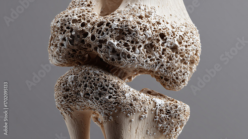 Knee joint anatomy, porous bone structure, Osteoporosis, weakening bone structure of a knee joint, created with generative ai